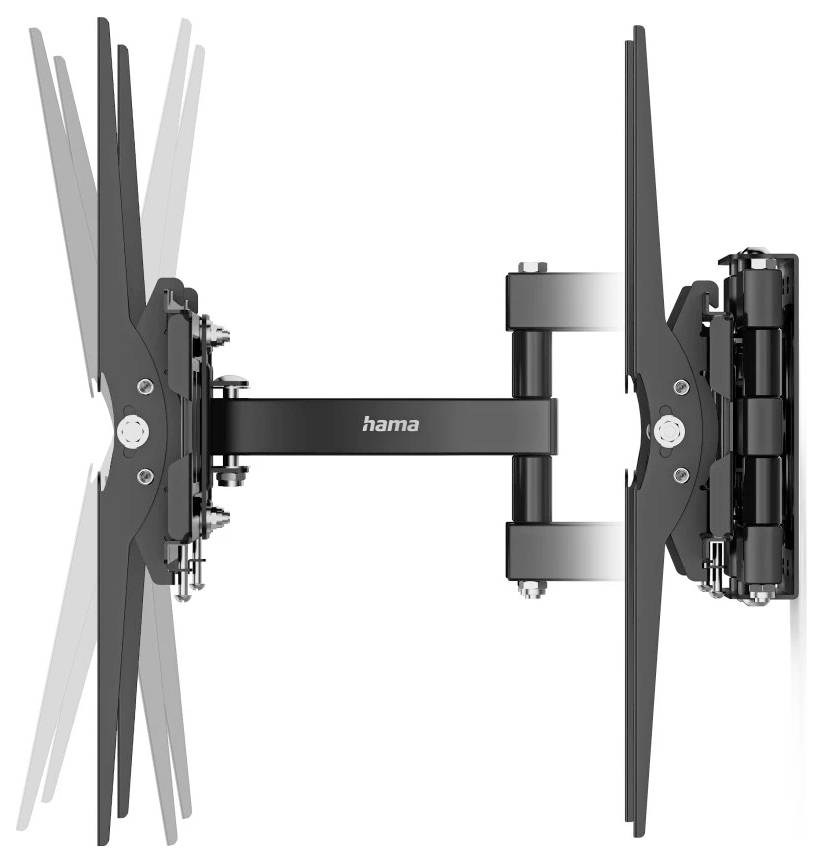 Schwarze Hama Dual-Arm-TV-Wandhalterung in ausgefahrenem Zustand mit zwei vertikalen VESA-Platten für verstellbare Flachbildschirmunterstützung.
