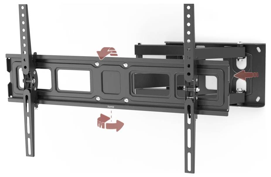 Verstellbare Wandhalterung für Fernseher mit zwei vertikalen Armen und einem Schiebeverlängerungsmechanismus zum Neigen und Positionieren eines Flachbildschirms.
