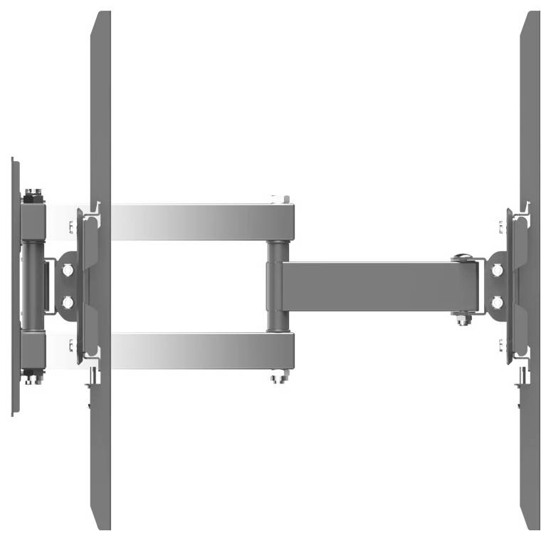 Seitenansicht eines Schaltplans einer wandmontierten TV-Halterung mit zwei vertikalen Wandplatten und zwei ausfahrbaren Armen, die einen Bildschirm stützen.
