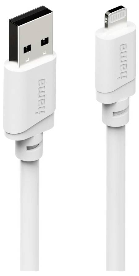 Weißes Ladekabel mit USB-A-Anschluss auf der einen Seite und Lightning-Anschluss auf der anderen Seite, nebeneinander dargestellt.