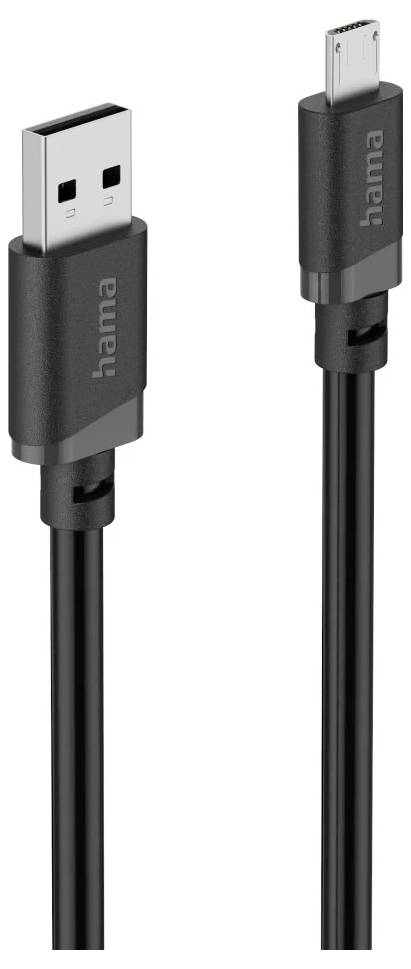 Schwarzes Hama USB-Kabel mit USB-A auf einer Seite und Micro-USB auf der anderen Seite, dargestellt vor weißem Hintergrund.