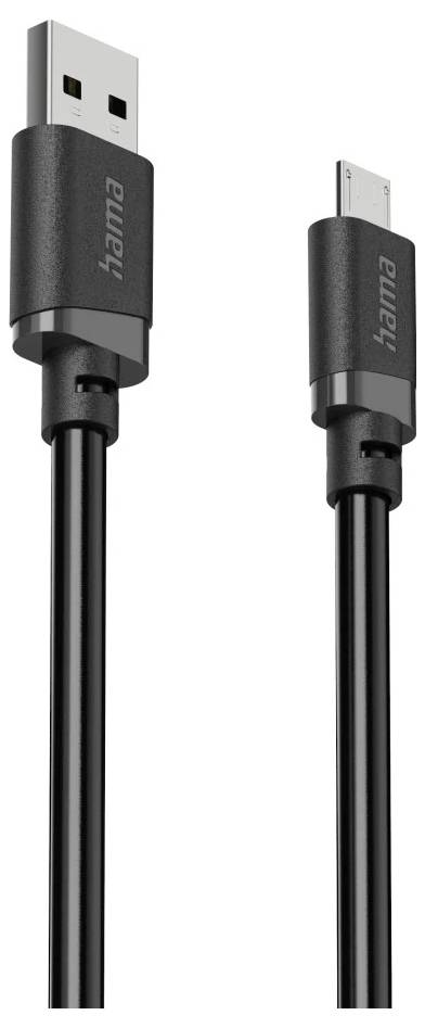 Schwarzes Hama USB-Kabel mit USB-A-Anschluss auf der einen Seite und einem kleineren GeräteAnschluss auf der anderen Seite, vor weißem Hintergrund dargestellt.