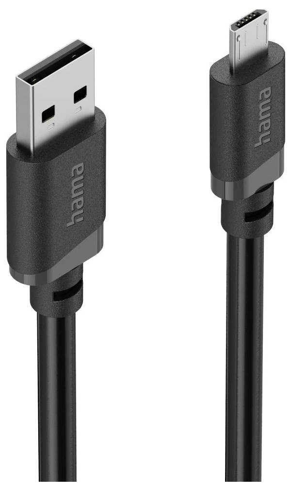 Zwei schwarze Hama-USB-Kabel mit unterschiedlichen Anschlüssen: USB-A links und USB-C rechts.
