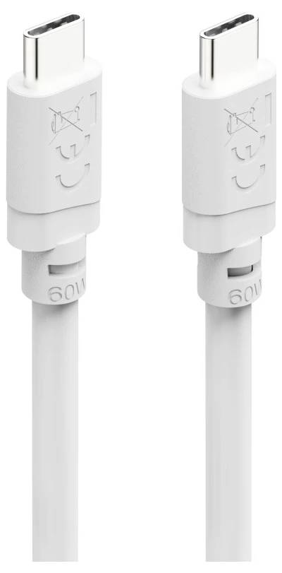 Paar weiße USB-C-Ladekabel nebeneinander gezeigt, mit geformten Steckern und Kabelenden auf weißem Hintergrund.