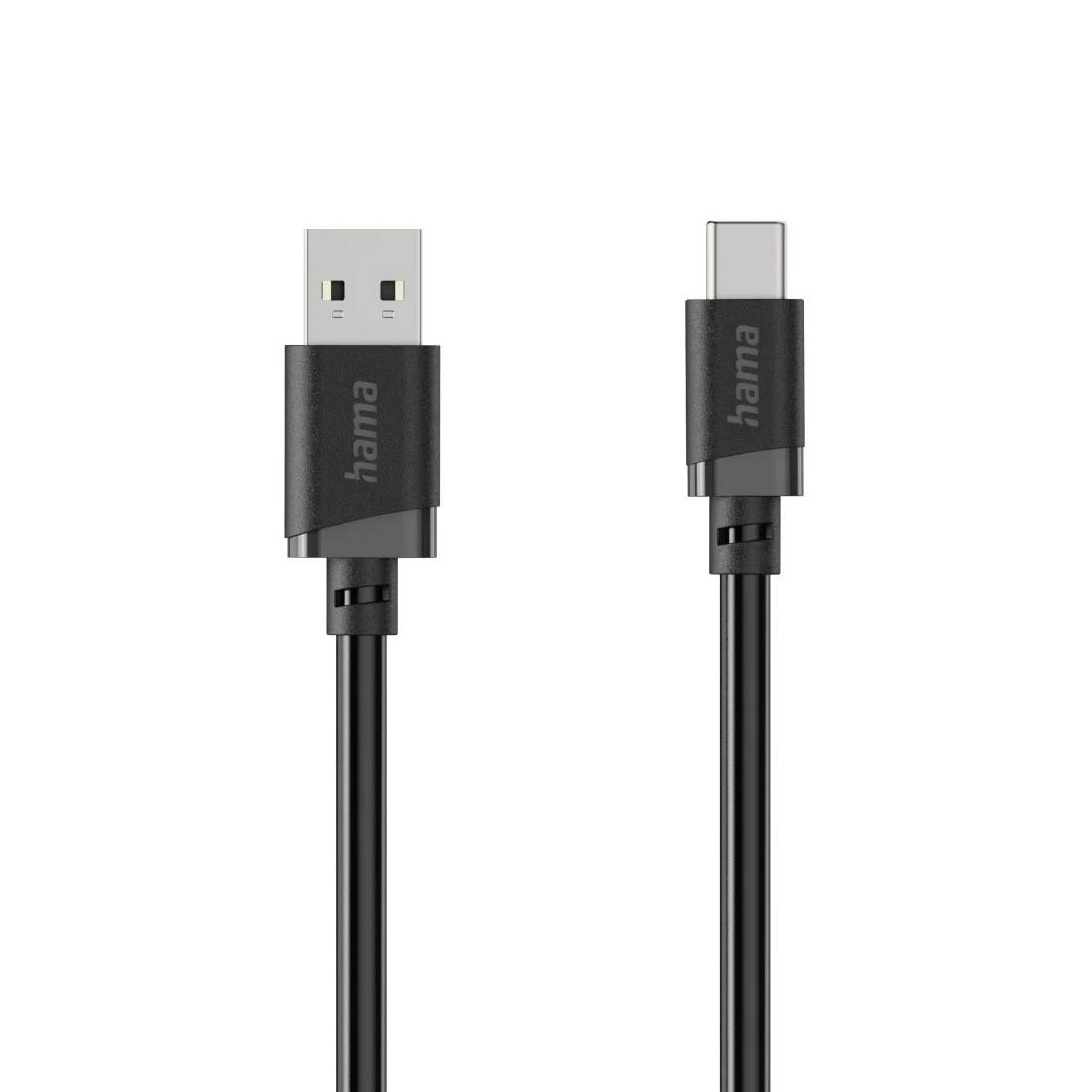 Schwarzes Hama USB-Kabel mit USB-A-Stecker auf der linken Seite und USB-C-Stecker auf der rechten Seite, gezeigt vor weißem Hintergrund.