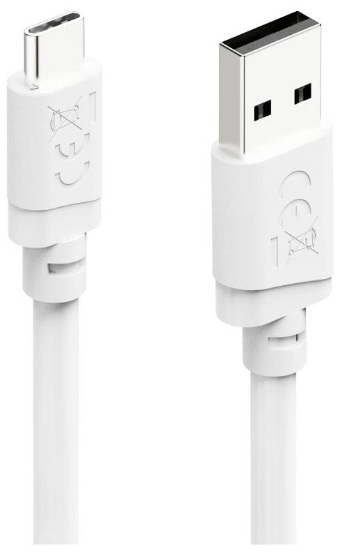 Weißes USB-C-Kabel mit reversiblem Anschluss, das aus zwei Winkeln gezeigt wird und die Steckerenden sowie die geformte Zugentlastung anzeigt.