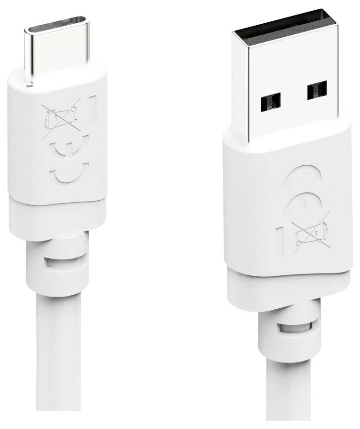 Weiße USB-C- und USB-A-Ladekabelstecker auf neutralem Hintergrund, mit geprägten Logos auf den Steckern.