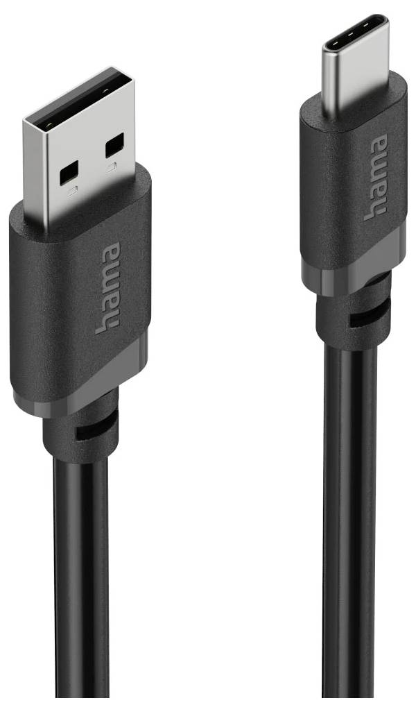 USB-A-auf-USB-C-Ladekabel mit schwarzen Hama-Steckern in Nahaufnahme auf weißem Hintergrund.