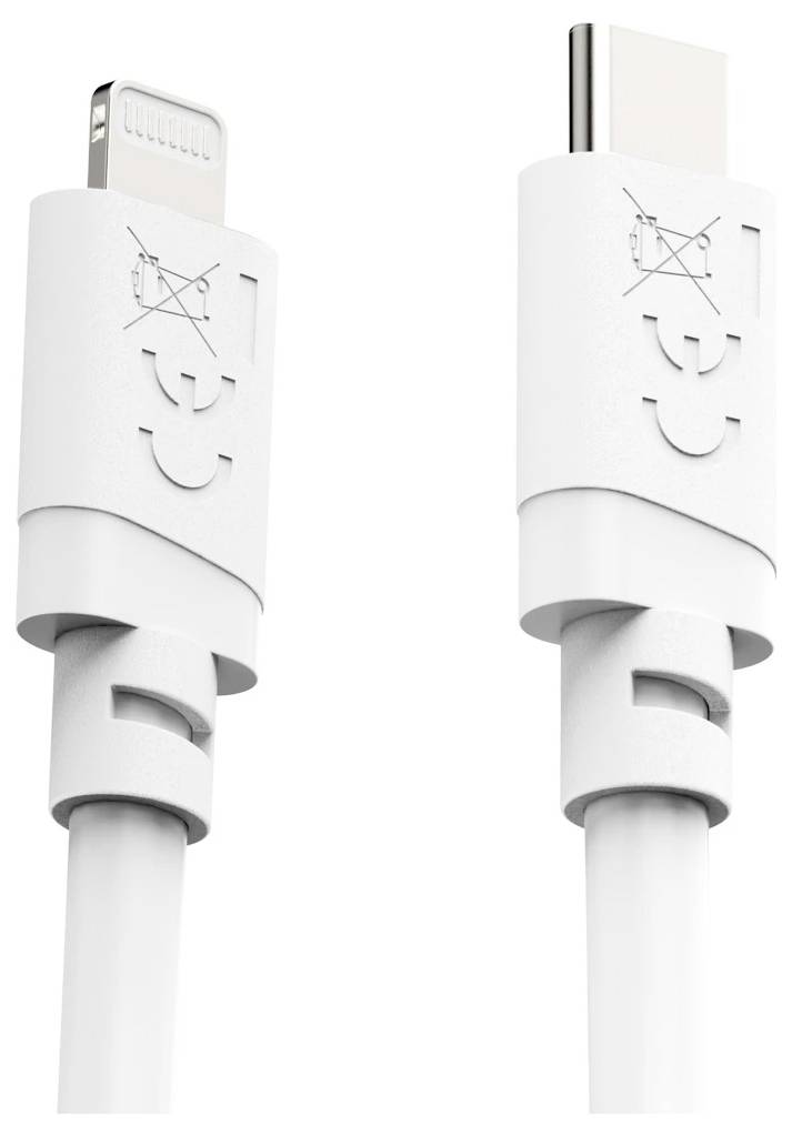 Zwei weiße Ladekabel nebeneinander dargestellt mit unterschiedlichen Anschlüssen: Lightning links und USB-C rechts.
