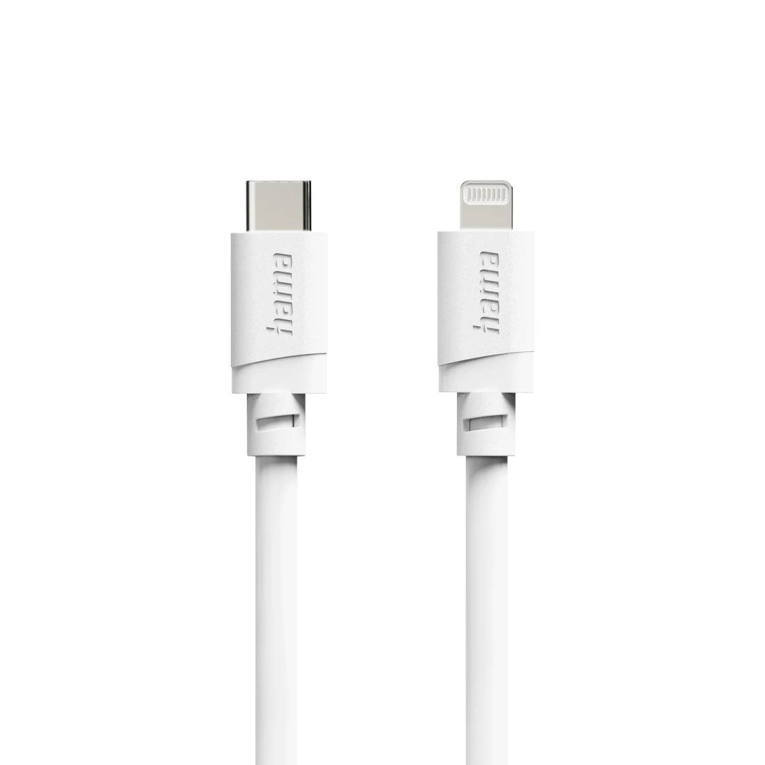 Weißes USB-C-zu-Lightning-Ladekabel vor weißem Hintergrund dargestellt, mit nebeneinander gezeigten Steckverbindern.