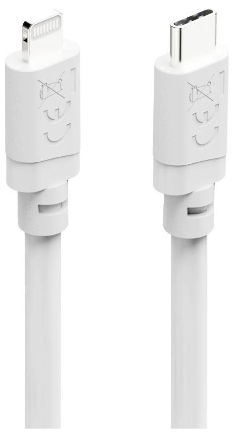 USB-C-auf-Lightning-Ladekabel mit weißen Anschlüssen, nebeneinander auf einem einfachen Hintergrund gezeigt.
