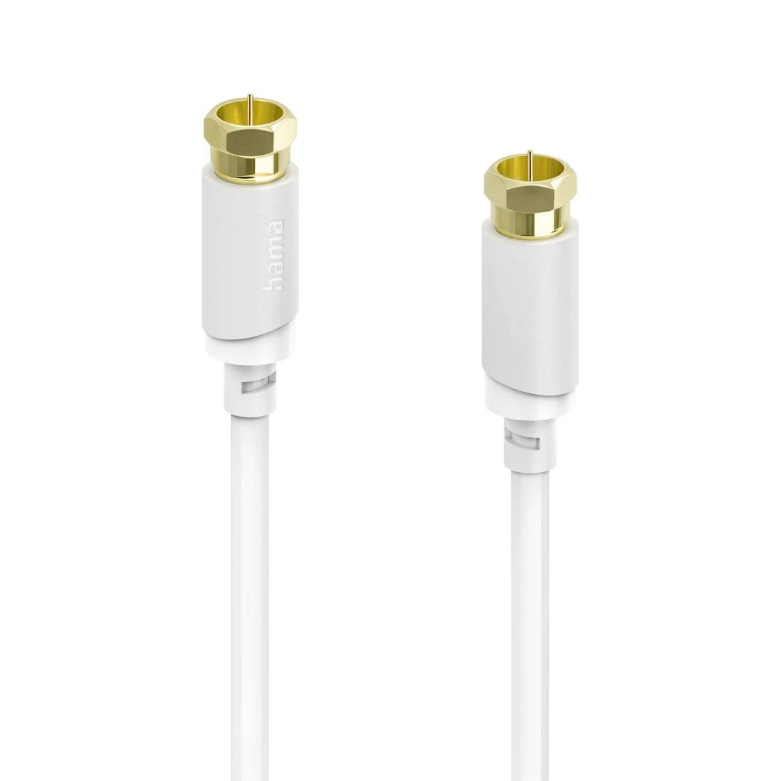 Zwei weiße koaxiale Kabel mit Goldsteckern auf weißem Hintergrund.