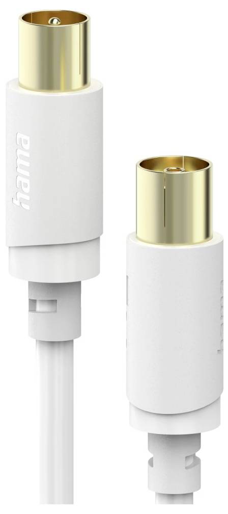 Weißes Audiokabel mit vergoldeten RCA-ähnlichen Steckern, in zwei Ansichten auf einfachem weißem Hintergrund dargestellt.