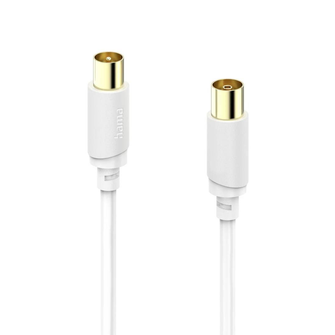 Zwei weiße Hama-Koaxialkabelstecker mit vergoldeten Enden auf weißem Hintergrund.
