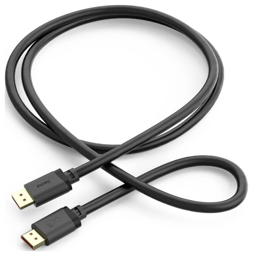 Schwarzes HDMI-Kabel mit zwei vergoldeten Steckern, aufgewickelt auf weißem Hintergrund dargestellt.