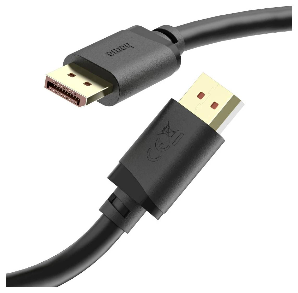 Nahaufnahme eines DisplayPort-Kabels mit einem männlichen DisplayPort-Anschluss und einem männlichen HDMI-Anschluss auf einem schwarzen Kabel.