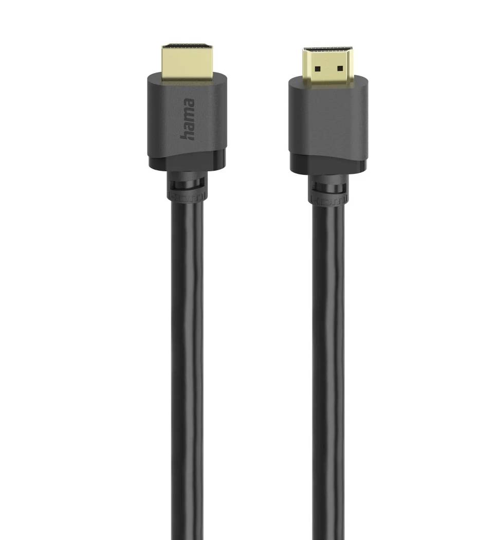 Schwarzes HDMI-Kabel mit HDMI-Steckern an beiden Enden auf weißem Hintergrund gezeigt.