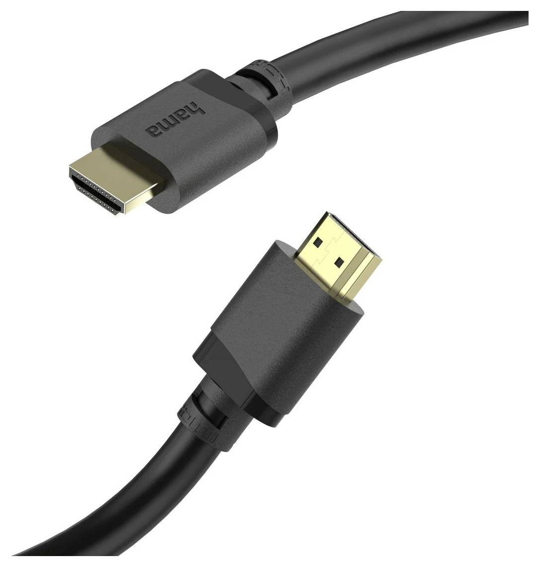 Zwei HDMI-Kabelstecker auf weißem Hintergrund, ein Ende angewinkelt, um den vergoldeten Stecker zu zeigen.
