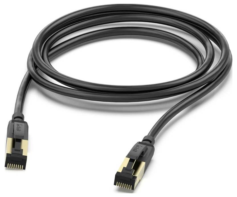 Schwarzes HDMI-Kabel mit zwei Steckverbindern, aufgewickelt auf weißem Hintergrund dargestellt.