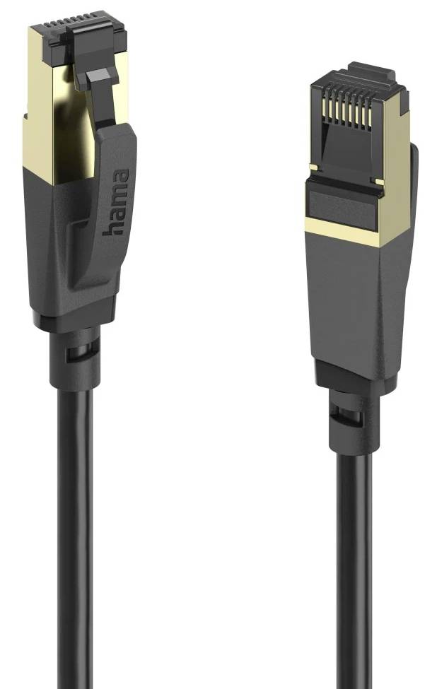 Schwarzes und goldfarbenes Ethernet-Kabel mit RJ45-Steckern an beiden Enden, ein Stecker mit der Beschriftung 