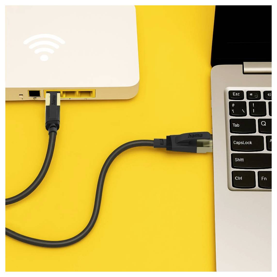 Ethernet-Kabel verbindet einen weißen WLAN-Router mit einem Laptop auf hellgelbem Hintergrund.