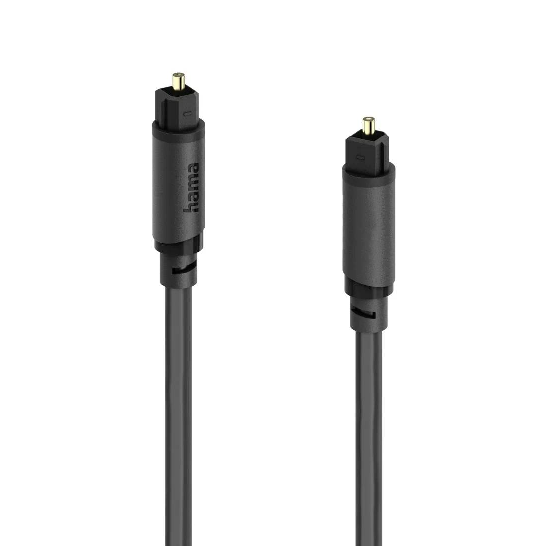 Zwei schwarze optische Audiokabel mit TOSLINK-Anschlüssen, nebeneinander auf weißem Hintergrund dargestellt.