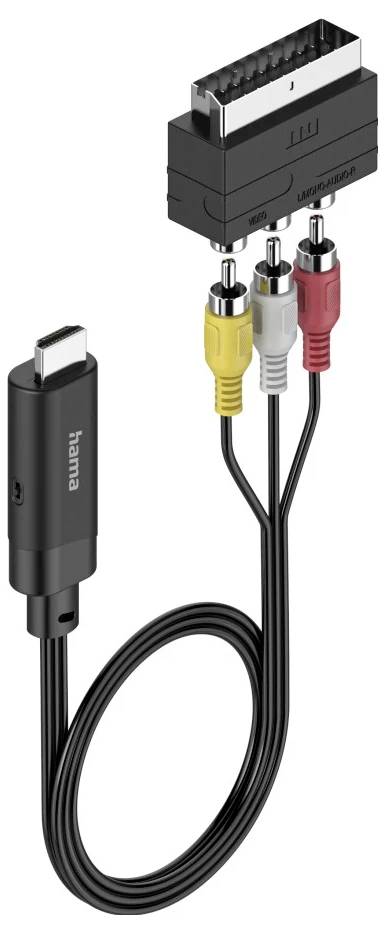 Schwarzes Hama AV-Adapterkabel mit einem flachen Stecker und drei RCA-Steckern: gelb, weiß und rot.