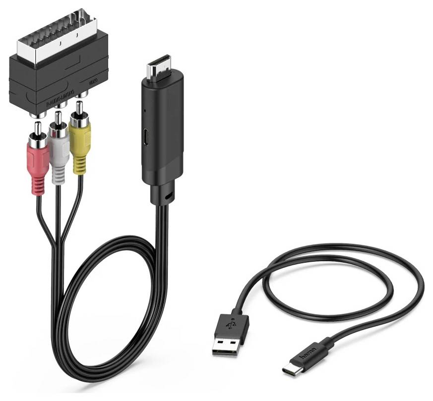 SCART-zu-USB-Capture-Adapter mit roten, weißen und gelben RCA-Steckern sowie einem separaten USB-Kabel zum Anschluss von Videoquellen an einen Computer.