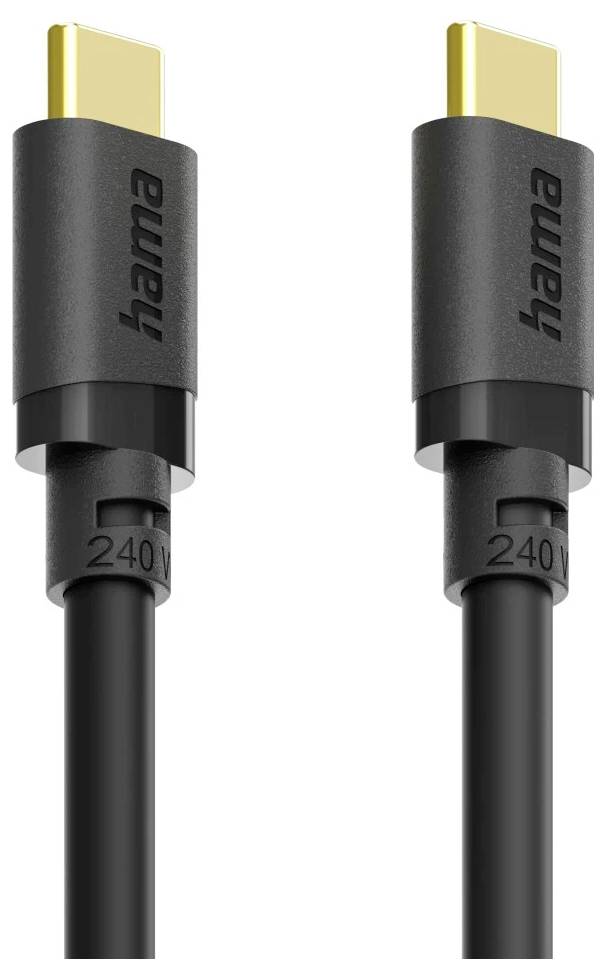 Nahaufnahme von zwei schwarzen Hama USB-C-Kabeln, die die Stecker und geflochtenen Kabel auf weißem Hintergrund zeigen.