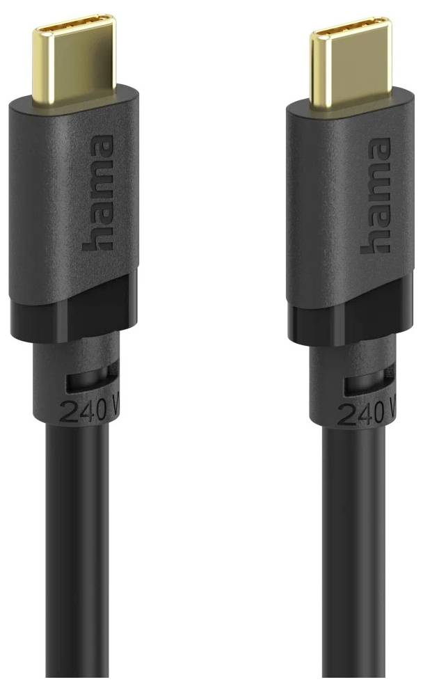 Zwei schwarze Hama USB-C-Stecker mit angeschlossenen Kabeln, nebeneinander auf weißem Hintergrund gezeigt.