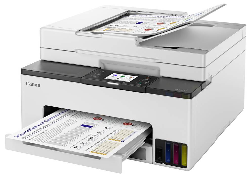 Weißer Canon Multifunktionsdrucker druckt farbige Seiten mit einem Blatt im oberen Zuführungsschacht und einem anderen im Ausgabefach.
