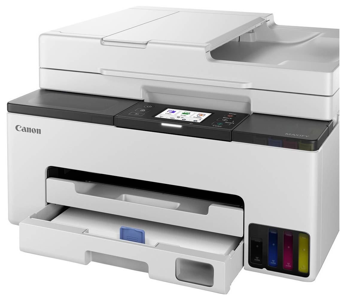 Canon Multifunktionsdrucker mit Scanneroberdeckel, Touchscreen-Bedienfeldern, Papierfach und sichtbaren Tintentanks auf der Vorderseite rechts.
