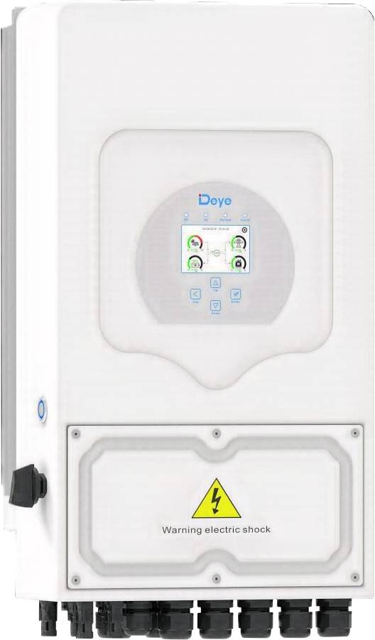 Weiße Deye-Wandmontage-Solarwechselrichter mit kleinem Display und Warnschild für elektrischen Schlag.