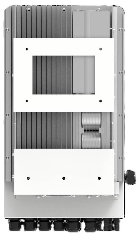Vorderansicht einer Metall-Elektronikeinheit oder eines Motoraufbaus mit Lüftungsöffnungen, Befestigungsplatten und Verdrahtungssteckern am unteren Ende.