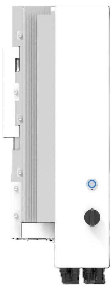 Vertikales weißes Elektro-Schaltschrank mit grauem Seitenpaneel, blauem Statuslicht, schwarzem Drehknopf und Kabelverbindern unten.