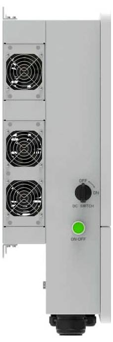 Grauer Elektroschrank mit drei Kühlventilatoren auf der linken Seite und einem DC-Schalter mit grüner Ein-/Aus-Anzeige an der Vorderseite.
