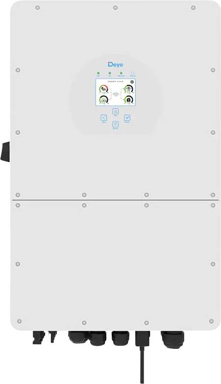 Weiße an der Wand montierte elektrische Schalttafel mit kleinem Display und Anzeigesymbolen, mit mehreren an der Unterseite angeschlossenen Kabeln/Rohren.