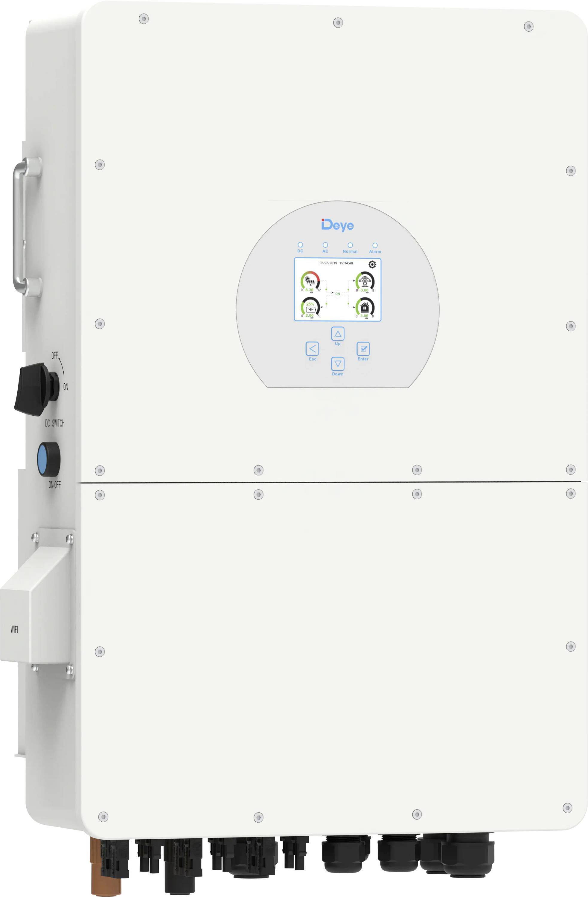 Weiße an der Wand montierte elektrische Inverterin von Deye mit kleinem zentralem Display und mehreren Kabelverbindungen entlang der Unterseite.