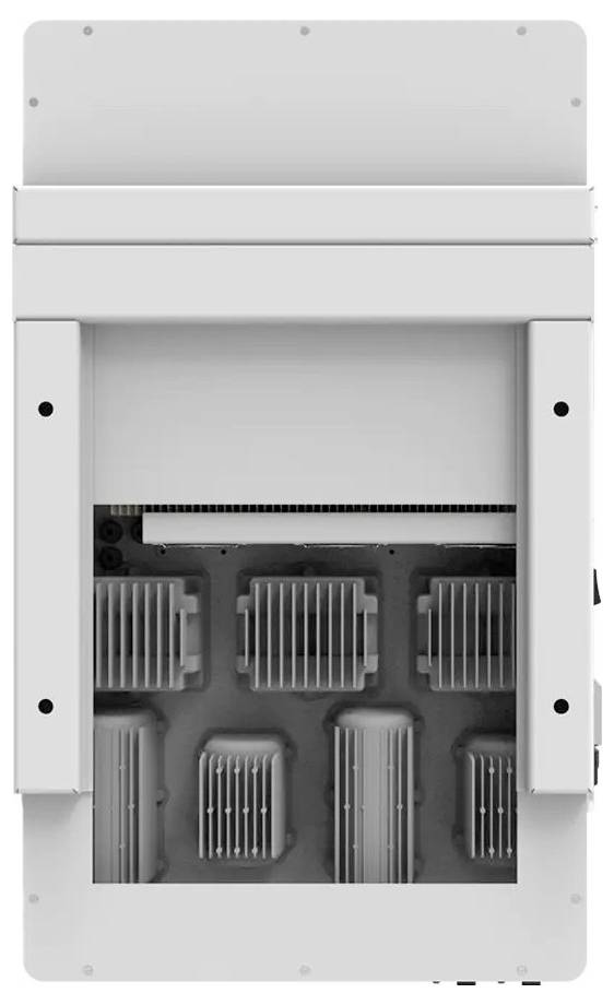 Rückansicht eines grauen elektronischen Geräts mit freiliegenden internen Kühlrippen und Schaltkreisen in einem rechteckigen Metallgehäuse.