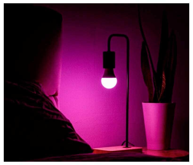 Ein rosa beleuchtetes Schlafzimmer mit einer leuchtenden hängenden Lampe neben einer Topfpflanze und einem Bett im Vordergrund.