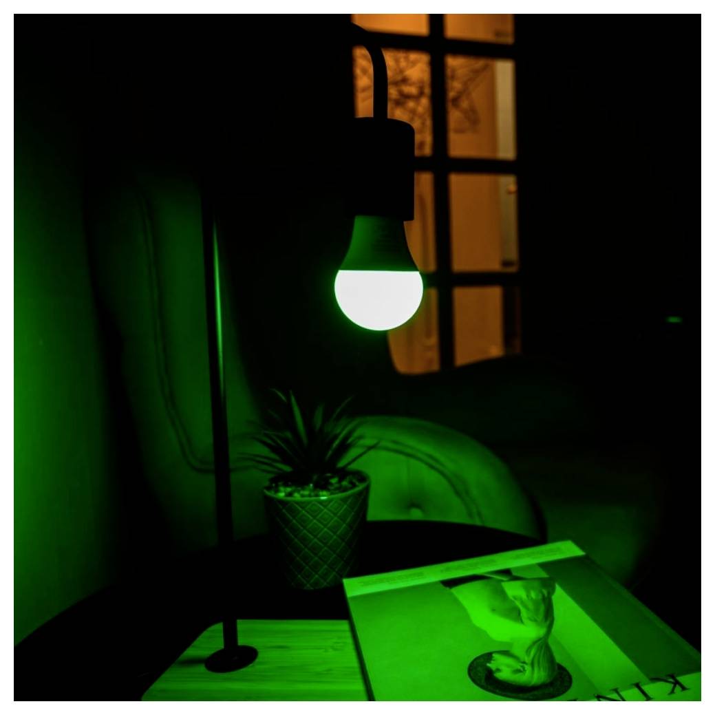 Grüner Schreibtisch mit hängender Lampe, kleine Topfpflanze und Bücher oder Papiere neben einem Fenster in der Nacht.