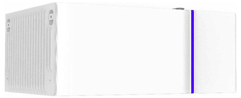 Weißes rechteckiges Gerät mit geripptem Panel und einem blauen vertikalen Streifen auf der rechten Seite, gezeigt vor einem einfachen Hintergrund.