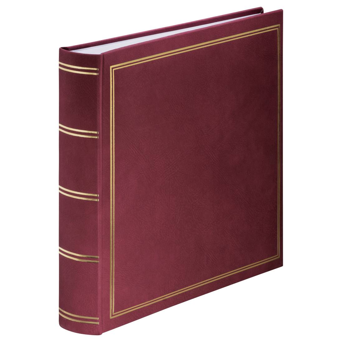 Bordeaux-rotes Hardcover-Buch oder Album mit goldenen Rahmenlinien auf dem Cover und dem Rücken, geschlossen auf weißem Hintergrund gezeigt.