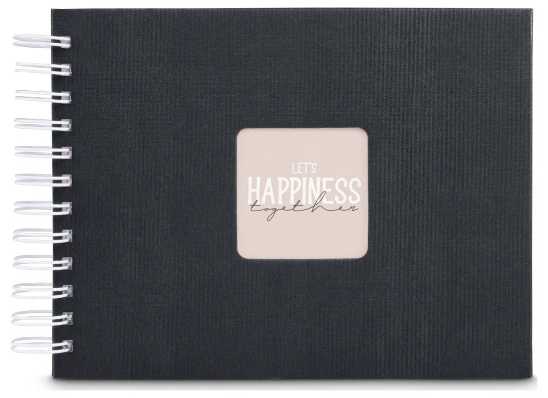 Schwarzes spiralgebundenes Notizbuch mit einem rosa quadratischen Etikett mit der Aufschrift „LET'S HAPPINESS together