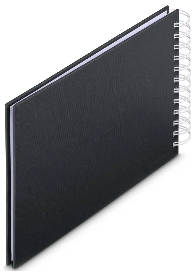 Schwarzes spiralgebundenes Notizbuch mit schlicht gestaltetem Umschlag, geschlossen auf weißem Hintergrund dargestellt.