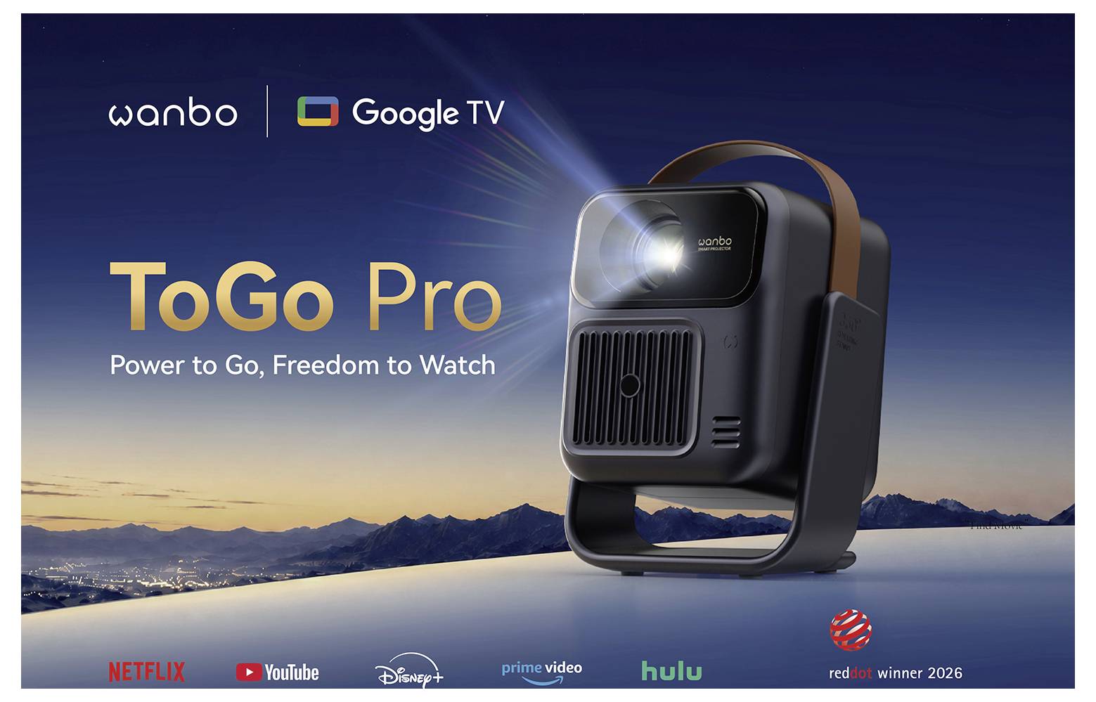 Werbebild des tragbaren Wanbo ToGo Pro Projektors mit Google TV, das den Projektor beim Werfen von Licht zeigt und den Slogan „Power to Go, Freedom to Watch