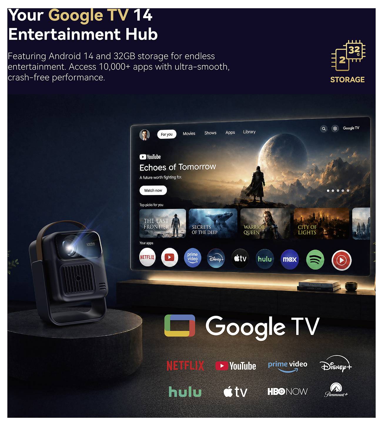 Google TV 14 Entertainment-Hub-Anzeige mit einer TV-Schnittstelle, Projektorgerät und 32GB Speicher; bewirbt Android 14 und über 10.000 Apps.