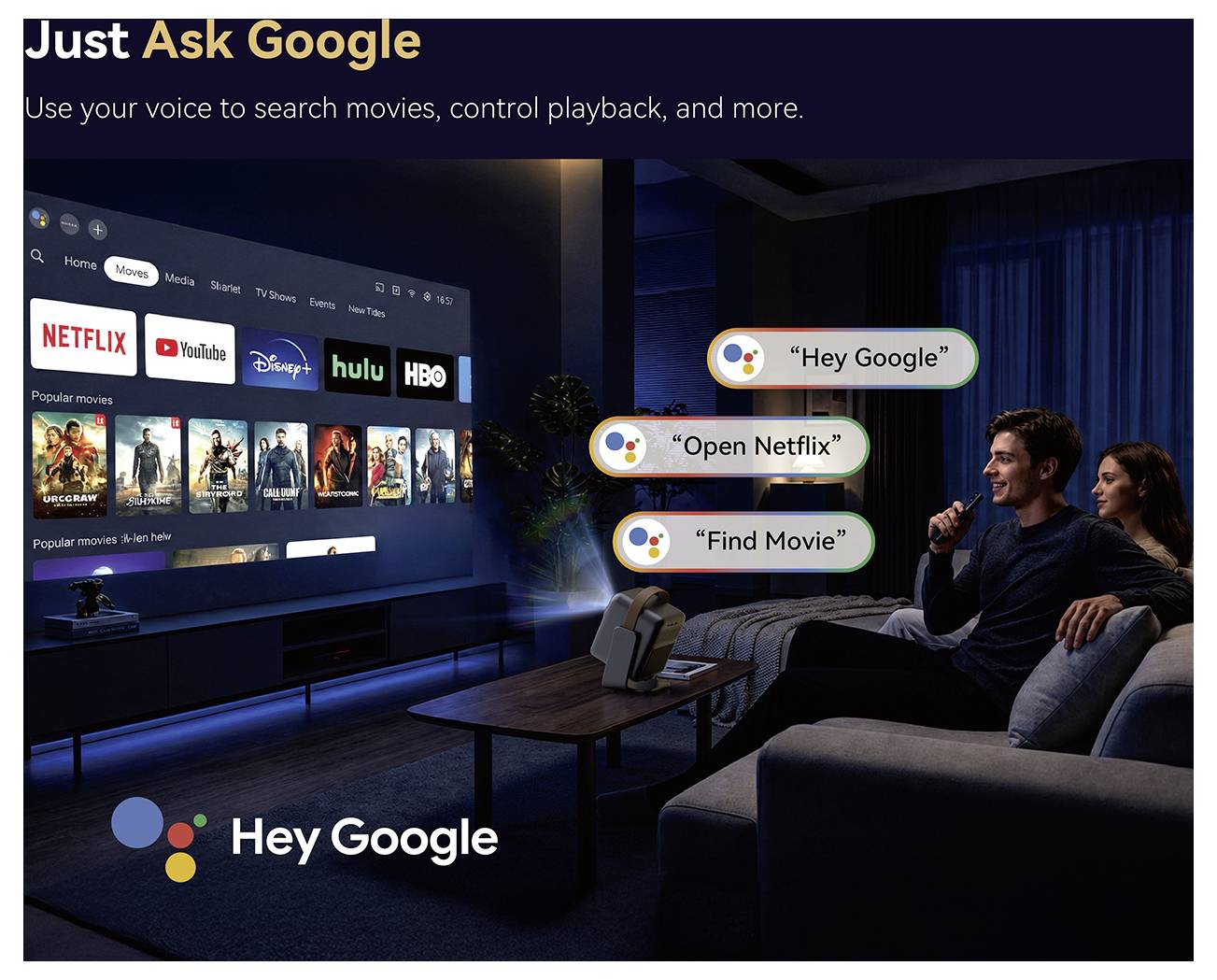 Intelligente Fernseher-Sprachsteuerungsanzeige mit einem Paar auf einem Sofa, das 