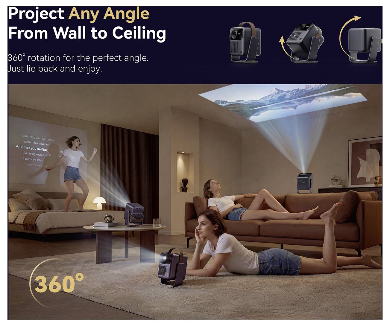 Werbebild eines tragbaren Projektors mit 360°-Rotation und Wand-zu-Decken-Projektion, auf dem Menschen Filme in einem Wohnzimmer projizieren und der Text „Aus jedem Winkel von der Wand bis zur Decke projizieren