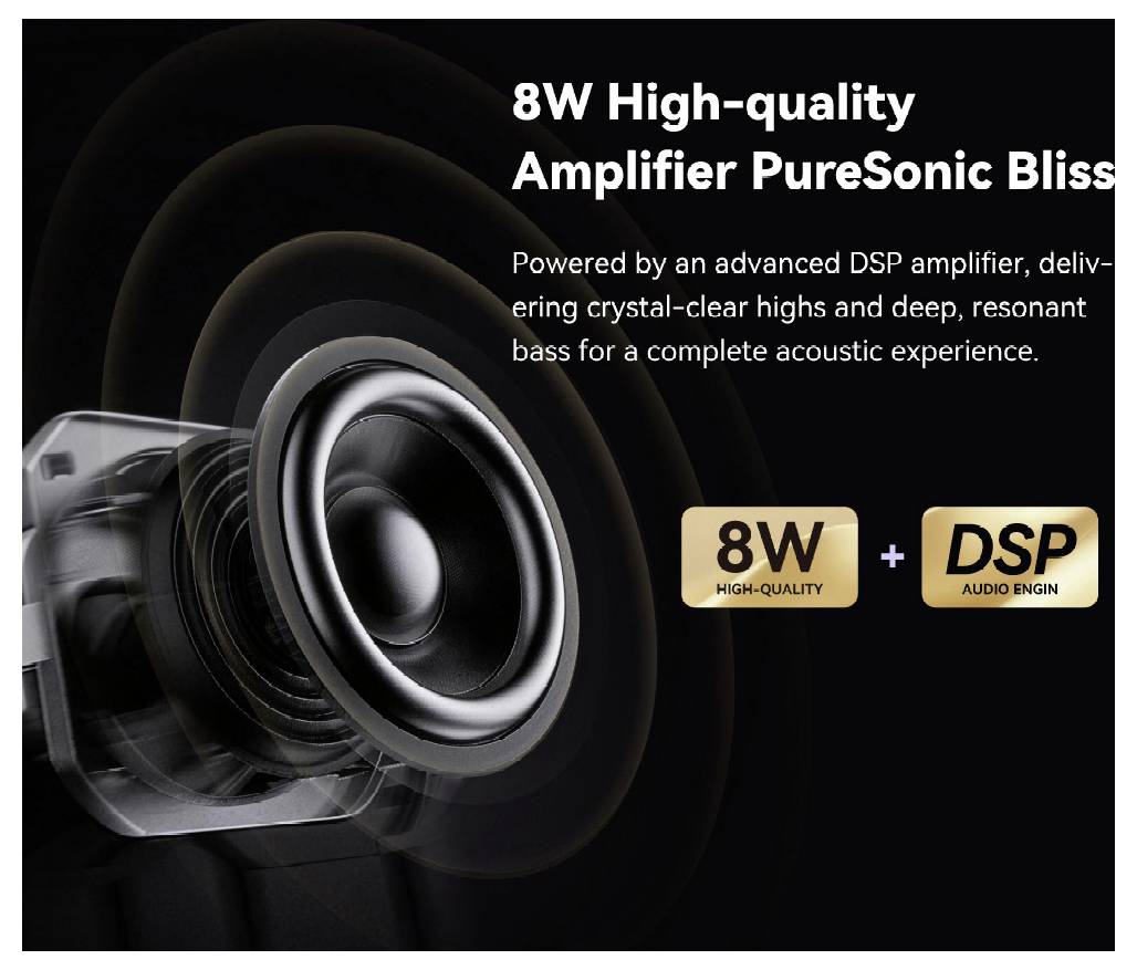 Werbegrafik eines Lautsprechers mit dem Text „8W Hochwertiger Verstärker PureSonic Bliss